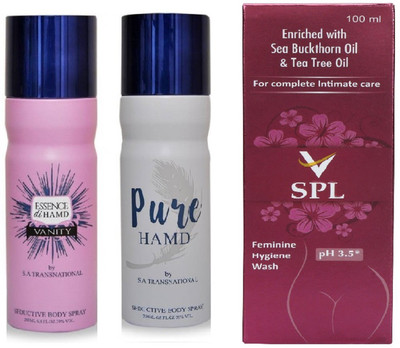 

Hamd Essence 1pc., Pure 1pc. Deodorant Spray & VSPL Feminine Hygiene Wash 1pc. P of 3(Set of 3)