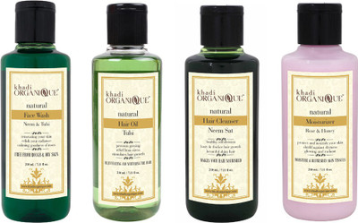 

Khadi Organique neem tulsi face wash, tulsi hair oil, neem sat hair cleanser(shampoo), rose & honey moisturizer combo pack 840 ml (pack of 4)(Set of 4)