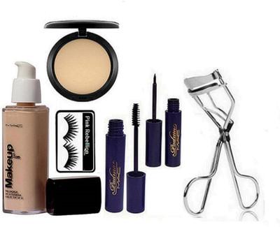 

Pink Rebellion Eyelashes & Makeup Pro longwear foundation , Padma Eyeliner , Mascara , Compact , Sponge Puff With Eyelashes Curler(Set of 7)