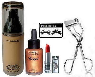

Pink Rebellion Eyelashes & Mac Skin Base Visage Highlight & Matchmaster Foundation & Lakme Enrich Lipstick With Eyelashes Curler(Set of 5)