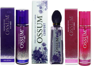 

OSSUM DELIGHT PERFUMED BODY MIST 115 ML+COMFORT PERFUMED BODY MIST 115 ML+ROMANCE PERFUMED BODY MIST 115 ML Deodorant Spray - For Men & Women(115 ml, Pack of 3)