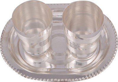 

Shreeng Shreeng Silver Plated 2 Long Glass With Tray Glass Tray Serving Set(Pack of 3)
