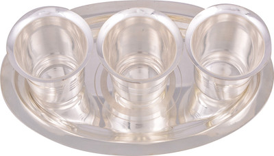 

Shreeng Shreeng Silver Plated 3 Pyla Glass With Tray Glass Tray Serving Set(Pack of 4)