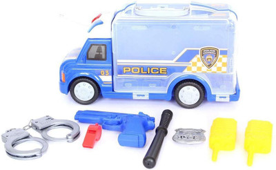 MWG Exports Co 7 Pcs Junior Role Play Police Inspectors Storage Toy Truck Vehicle Carrier Car Case with Bang-Bang Cops Gun for Kids