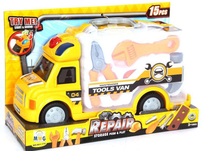 

MWG Exports Co 15Pcs Garage Repair Push & Play Storage Tools Vehicle Truck Car Playset for Kids with Wrench Children Toys