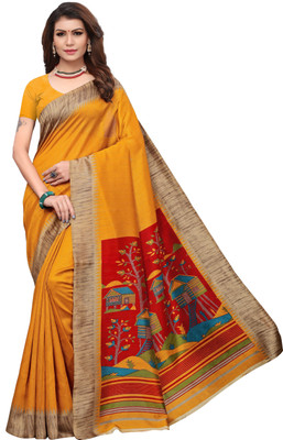 Ratnavati Temple Border Fashion Cotton Blend, Art Silk Saree(Mustard)