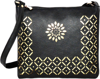 

Quickk Women Casual, Evening/Party Black, Gold Leatherette Sling Bag