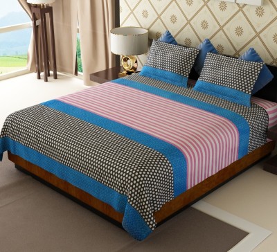 Home Candy 144 TC Cotton Double Striped Flat Bedsheet(Pack of 1, Blue)