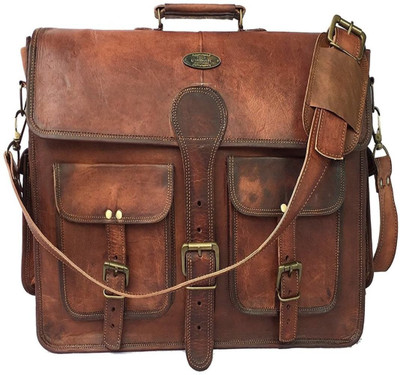 

dzcollections Handmade Pure Leather Hand Held Briefcase Laptop Satchel Medium Briefcase - For Men & Women(Brown)