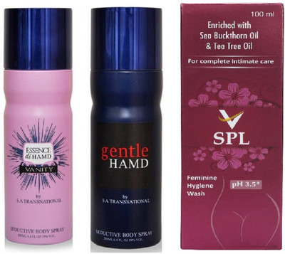 

Hamd Essence 1pc., Gentle 1pc. Deodorant Spray & VSPL Feminine Hygiene Wash 1pc. P of 3(Set of 3)