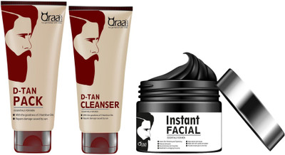 

Qraa De Tan Pack 120gm + De Tan Cleanser 100gm + Instant Facial for men 100gm(Set of 3)