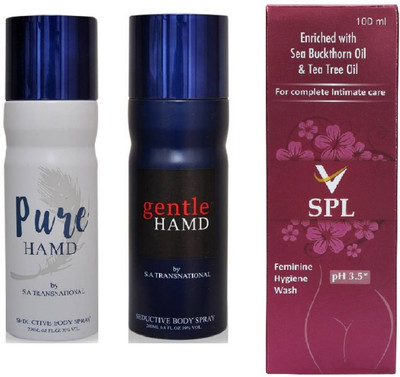 

Hamd Pure 1pc., Gentle 1pc. Deodorant Spray & VSPL Feminine Hygiene Wash 1pc. P of 3(Set of 3)