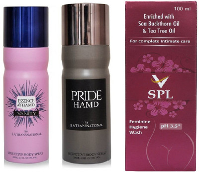 

Hamd Essence 1pc., Pride 1pc. Deodorant Spray & VSPL Feminine Hygiene Wash 1pc. P of 3(Set of 3)