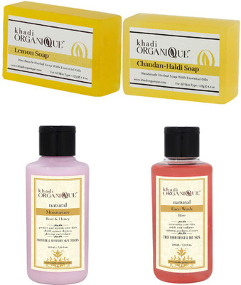 

Khadi Organique rose & honey moisturizer,rose face wash,chandan haldi soap,lemon soap combo pack 670 gm (pack of 4)(Set of 4)