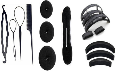 

KYT hair combo set 16 pcs , 4 pcs Diy kit tools , 3 pcs medium Large Small Donut , all Different Size , 1 pcs juda bun maker, 5 pcs hair Bumpit volumizer , 3 pcs hair volumizer , all in one combo , easy to use(Set of 16)