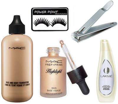 

POWER POINT eyelashes, face & body foundation , highlighter , nail cutter , body lotion(Set of 5)