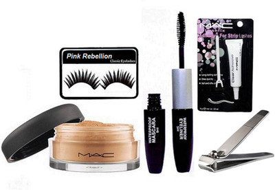 

Pink rebellion Eyelashes & Mac Loose Powder & Color bar Eyeliner+Mascara & Eyelashes Glue With Nail Cutter(Set of 5)