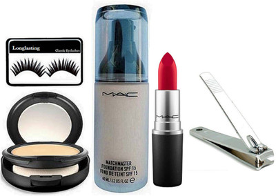 

longlasting Eyelashes & Foundation,Studio Fix Compact & Red Lipstick With Nail Cutter(Set of 5)