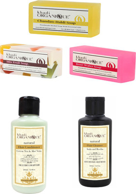

Khadi Organique greentea aloevera hair conditioner,amla reetha hair cleanser(shampoo),mix fruit soap,rose water soap,chandan haldi soap combo pack 795 gm (pack of 5)(Set of 5)