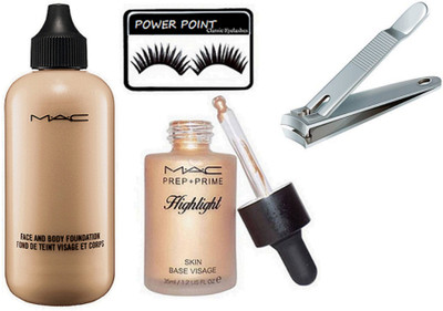 

POWER POINT Eyelashes, face & Body Foundation , Highlighter + Nail Cutter(Set of 4)