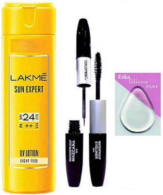 

Eska Silicon Puff,Colorbar Eyeliner & Mascara 2in1 With Lakme Body Lotion(Set of 3)