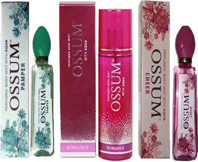 

OSSUM PAMPER PERFUMED BODY MIST 115ML+ ROMANCE PERFUMED BODY MIST 190ML+ CHEER PERFUMED BODY MIST 115ML Deodorant Spray - For Men & Women(115 ml, Pack of 3)