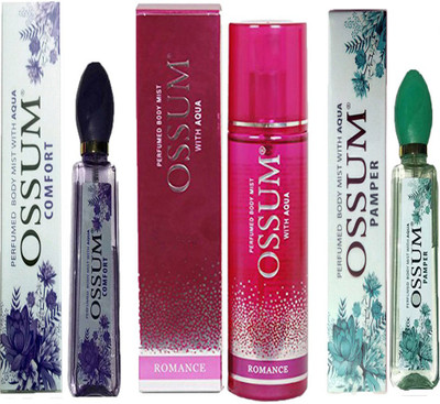

OSSUM COMFORT PERFUMED BODY MIST 115ML+ ROMANCE PERFUMED BODY MIST 190ML+ PAMPER PERFUMED BODY MIST 115ML Deodorant Spray - For Men & Women(115 ml, Pack of 3)