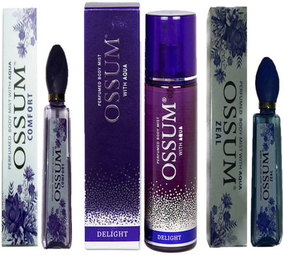 

OSSUM COMFORT PERFUMED BODY MIST 115ML+ DELIGHT PERFUMED BODY MIST 190ML+ ZEAL PERFUMED BODY MIST 115ML Deodorant Spray - For Men & Women(115 ml, Pack of 3)