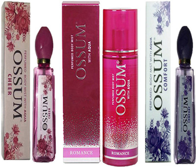 

OSSUM COMFORT PERFUMED BODY MIST 115ML+ ROMANCE PERFUMED BODY MIST 190ML+ CHEER PERFUMED BODY MIST 115ML Deodorant Spray - For Men & Women(115 ml, Pack of 3)