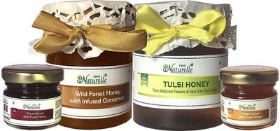 Farm Naturelle Farm Naturelle-Real Vana Tulsi Forest Honey (250 Gms) and Real Cinnamon Infused Forest Honey (250 Gms) with (40 GMS X 2) Real Clove infused Forest honey and Ginger Infused Forest honey Combo-Immense Medicinal Value(580 g, Pack of 4)