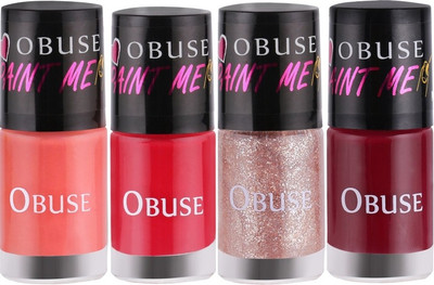 

Obuse Paint Me Non-Toxic Long Lasting Premium Nail Paint Vegan Sinful Nude, Pink Shots, Pink Crush, Spicy Crimson(Pack of 4)