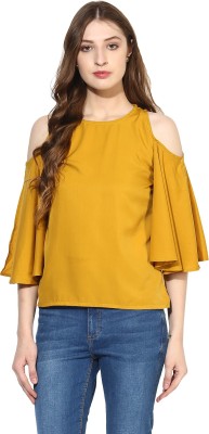 One Femme Party Ruffled Sleeve Solid Women Yellow Top