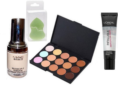 

Studio Fix Combo Sponge Puff & MAC 15 Shades Concealer Palette& Mineralize Spf15 Foundation, Loreal Paris Infallible Mattifying Base Face Primer(Set of 4)