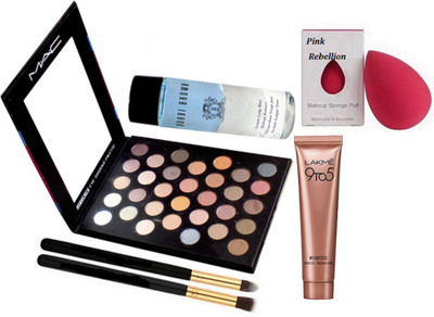 

Pink Rebellion Sponge Puff & Make Up Brush Set Of 2, 32 Shade Eyeshadow Palette, Instant Longwear Make Up Remover & Lakme 9 To 5 Weightless Mousse Foundation(Set of 6)