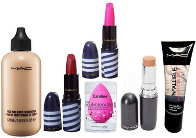 

caroline Sponge puff, Mac face and body foundation, Matte Finish Lipstick (Set Of 2 ) Stick Concealer Studio Fix Fluid Spf 15 & Mattifying Base Primer(Set of 5)