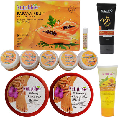 NutriGlow Set of 1 Papaya Facial Kit + 1 Wild Turmeric Face Wash + 1 BB cream + Hand and Foot spa ( Cream + Scrub)(Set of 5)