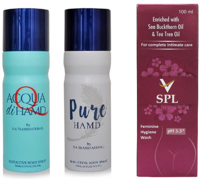 

Hamd Acqua 1pc., Pure 1pc. Deodorant Spray & VSPL Feminine Hygiene Wash 1pc. P of 3(Set of 3)
