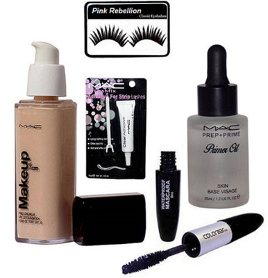 

Pink rebellion Eyelashes & Mac Makeup Pro long wear Foundation & Color bar 2 in 1 Eyeliner+Mascara & Primer Oil With Eyelashes Glue(Set of 6)