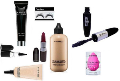

caroline Eyelashes With sponge puff Mac face and body foundation, stick k. with select cover up concealer & matte finish long lasting lipstick and Colorbar Eyeliner And mascara 2 in 1 & Lakme Absolute Blue Perfect Makeup Primer(Set of 8)