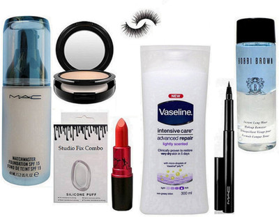 

studio fix combo Silicon Puff & Matchmaster Foundation & vesline body lotion & Lady Gaga Lipstick & Pen Eyeliner & Select Cover-Up & Padma mascara & Eyelashes(Set of 8)
