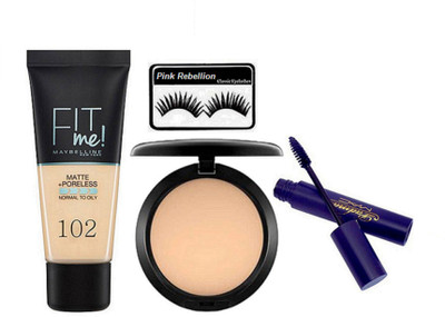 

Pink Rebellion Eyelashes & Maybelline Fit Me Foundation & Compact Eyeliner(Set of 4)