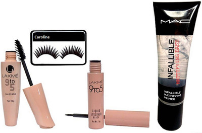 

caroline Eyelahses, Lakme 9to5 Eyeliner & Mascara &Mac Mattifying Base Primer(Set of 4)