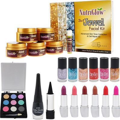 

NutriGlow Set of 1 3-IN-1 Jewel Facial Kit + 1 Eye Shadow + 1 Eye Liner + 1 Kajal + 6 Nail Paints + 6 Lipsticks(Set of 1)