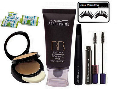 

Pink rebellion Eyelashes & Mac BB Beauty Balm Cream & Liquid Last Eyeliner Haughty Naughty Mascara & Compact With Magic Napkin 2(Set of 7)