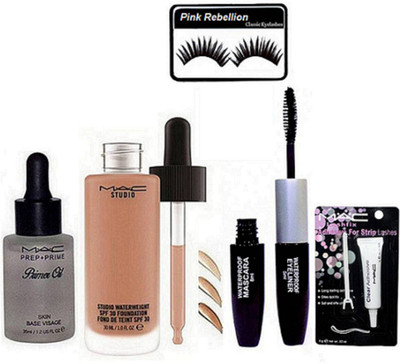 

Pink rebellion Eyelashes & Mac Studio Waterweight Foundation & Prep+Prime Primer Oil & Colorbar 2 in 1 Eyeliner+Mascara With Eyelashes Glue(Set of 6)