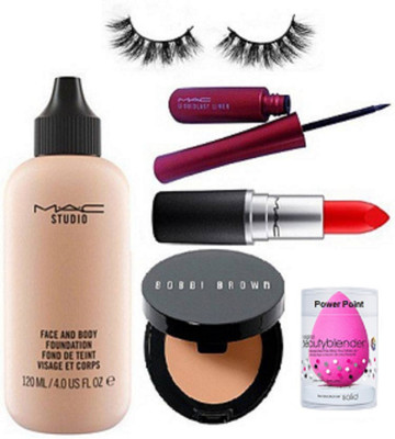 

power point sponge puff, mac matte lipstick with Bobbi brown concealer with mac face and body foundation and mac lipuid eyeliner with eyelashes(Set of 6)