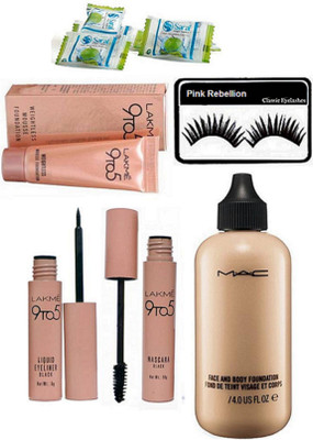 

Pink Rebellion Eyelashes & Mac Face&Body Foundation& Lakme 9 To 5 Eyeliner+Mascara & Mousse Foundation With Magic Napkin 2(Set of 7)