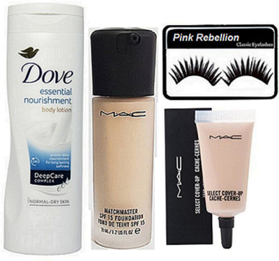 

Pink Rebellion Eyelashes & Mac match master foundation with Select Cover Up Concealer & Dove Essential Nourishment Body Lotion(Set of 4)