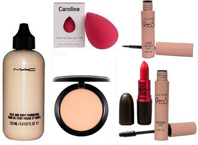 

caroline Sponge Puff & Mac Face & Body Foundation, Compact, Lady Gaga Lipstick and lakme 9 to 5 Eyeliner & Mascara(Set of 6)