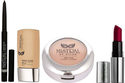 

Vestige mistral of milan combo ( kajal , foundation sand , compact light sand , lipstick merry me red )(Set of 4)